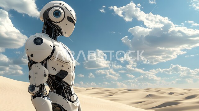 تحقيق الثورة الصناعية، الابتكار والعلوم وتكنولوجيا الذكاء الاصطناعي، التطور التكنولوجي على كوكب الأرض,صورة مقربة لروبوت متقدم بتصميم حديث يقف في صحراء المملكة, رؤية سعودية مستقبلية 2030, خلفية الرمال الذهبية الناعمه في البيئة الصحراوية في وقت النهار