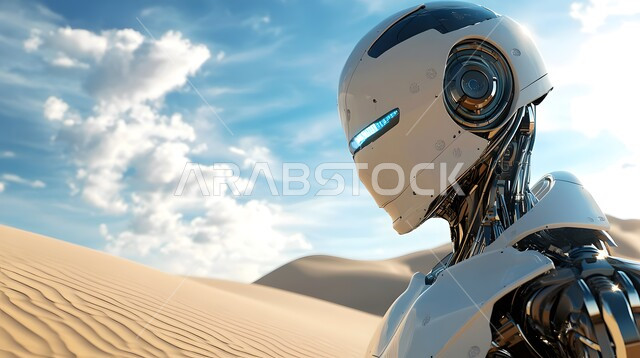 Technological development on planet Earth, close-up of an advanced robot with a modern design standing in the desert of the Kingdom, Saudi Vision 2030, background of soft golden sand in the desert environment during the day, achieving the industrial revolution, innovation, science and artificial intelligence technology