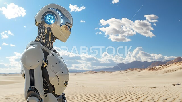تحقيق الثورة الصناعية، الابتكار والعلوم وتكنولوجيا الذكاء الاصطناعي، التطور التكنولوجي على كوكب الأرض,صورة مقربة لروبوت متقدم بتصميم حديث يقف في صحراء المملكة, رؤية سعودية مستقبلية 2030, خلفية الرمال الذهبية الناعمه في البيئة الصحراوية في وقت النهار