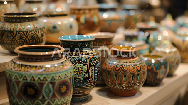 مهن وصناعات يدوية شعبية تراثية قديمة بالمملكة العربية السعودية ، صورة بانورامية لصناعة الفخارات ، الأواني والمنتجات الفخارية المصنوعة من الطين ، متجر لبيع أواني الفخار في السوق الشعبي التقليدي ،  شراء الهدايا التذكارية والفخارات الملونة والمزخرفة