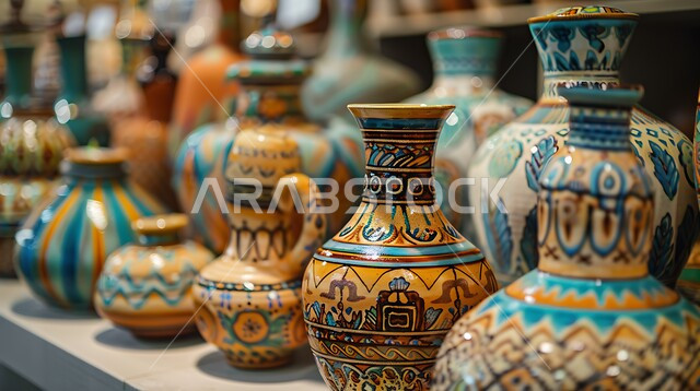 مهن وصناعات يدوية شعبية تراثية قديمة بالمملكة العربية السعودية ، صورة بانورامية لصناعة الفخارات ، الأواني والمنتجات الفخارية المصنوعة من الطين ، متجر لبيع أواني الفخار في السوق الشعبي التقليدي ،  شراء الهدايا التذكارية والفخارات الملونة والمزخرفة