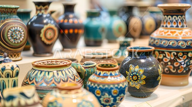 مهن وصناعات يدوية شعبية تراثية قديمة بالمملكة العربية السعودية ، صورة بانورامية لصناعة الفخارات ، الأواني والمنتجات الفخارية المصنوعة من الطين ، متجر لبيع أواني الفخار في السوق الشعبي التقليدي ،  شراء الهدايا التذكارية والفخارات الملونة والمزخرفة
