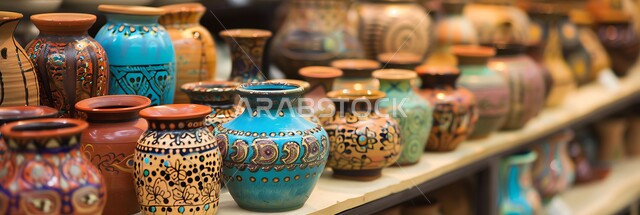 الأواني والمنتجات الفخارية المصنوعة من الطين ، صورة بانورامية للاواني الملونة ، متجر لبيع أواني الفخار في السوق الشعبي التقليدي ، مهن وصناعات يدوية شعبية تراثية قديمة في المملكة العربية السعودية ، شراء الهدايا التذكارية والفخارات الملونة والمزخرفة
