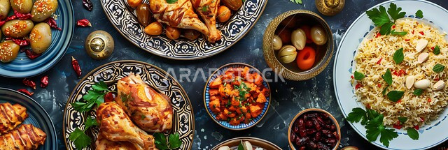 Eastern Arab appetizers, artistic methods of serving food during the month of Ramadan, a table full of various dishes, a panoramic picture of healthy, protein-rich nutritional meals, a picture from above of a feast of seafood and popular rice dishes