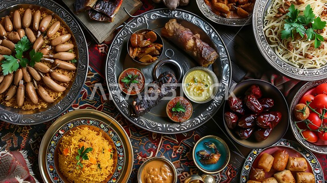 الوجبات غذائية صحية غنية بالبروتين, المقبلات العربية الشرقية, الأساليب الفنية في تقديم الطعام في شهر رمضان, مائدة مليئة بالأصناف المتنوعة, صورة من الأعلى لوليمة من المأكولات البحرية وأطباق الأرز الشعبية