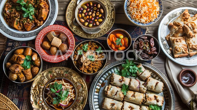 Healthy meals rich in protein, Eastern Arab appetizers, artistic methods of serving food during the month of Ramadan, a table full of various dishes, a photo from above of a feast of seafood and popular rice dishes