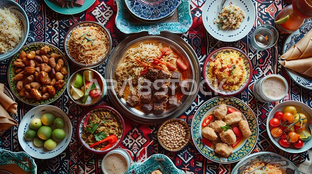 Healthy meals rich in protein, Eastern Arab appetizers, artistic methods of serving food during the month of Ramadan, a table full of various dishes, a photo from above of a feast of seafood and popular rice dishes