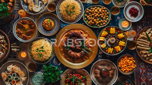 الأساليب الفنية في تقديم الطعام في شهر رمضان, المقبلات العربية الشرقية, مائدة مليئة بالأصناف المتنوعة, وجبات غذائية صحية غنية بالبروتين, صورة من الأعلى لوليمة من المأكولات البحرية وأطباق الأرز الشعبية
