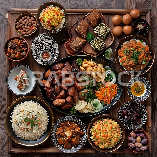 الأساليب الفنية في تقديم الطعام في شهر رمضان, المقبلات العربية الشرقية, مائدة مليئة بالأصناف المتنوعة, وجبات غذائية صحية غنية بالبروتين, صورة من الأعلى لوليمة من المأكولات البحرية وأطباق الأرز الشعبية