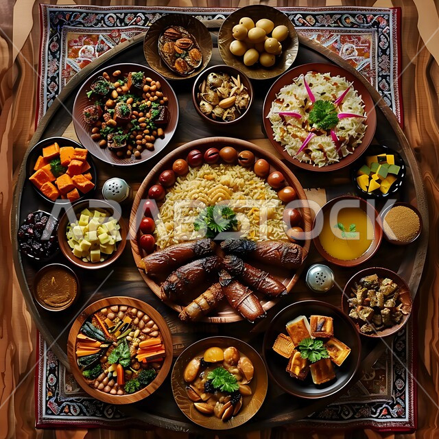 الأساليب الفنية في تقديم الطعام في شهر رمضان, المقبلات العربية الشرقية, مائدة مليئة بالأصناف المتنوعة, وجبات غذائية صحية غنية بالبروتين, صورة من الأعلى لوليمة من المأكولات البحرية وأطباق الأرز الشعبية
