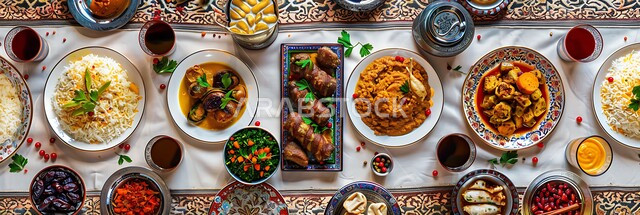 Eastern Arab appetizers, artistic methods of serving food during the month of Ramadan, a table full of various dishes, a panoramic picture of healthy, protein-rich nutritional meals, a picture from above of a feast of seafood and popular rice dishes