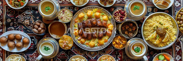 Eastern Arab appetizers, artistic methods of serving food during the month of Ramadan, a table full of various dishes, a panoramic picture of healthy, protein-rich nutritional meals, a picture from above of a feast of seafood and popular rice dishes