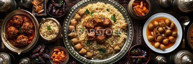 Eastern Arab appetizers, artistic methods of serving food during the month of Ramadan, a table full of various dishes, a panoramic picture of healthy, protein-rich nutritional meals, a picture from above of a feast of seafood and popular rice dishes