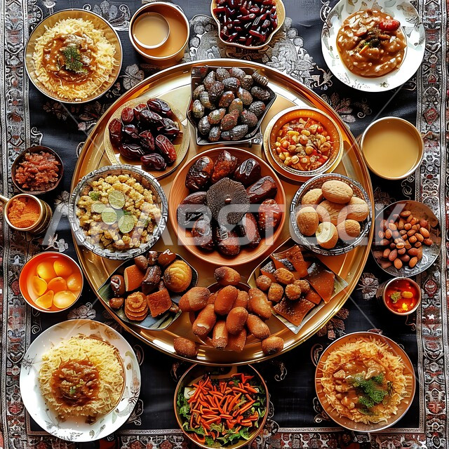 الأساليب الفنية في تقديم الطعام في شهر رمضان, المقبلات العربية الشرقية, مائدة مليئة بالأصناف المتنوعة, وجبات غذائية صحية غنية بالبروتين, صورة من الأعلى لوليمة من المأكولات البحرية وأطباق الأرز الشعبية