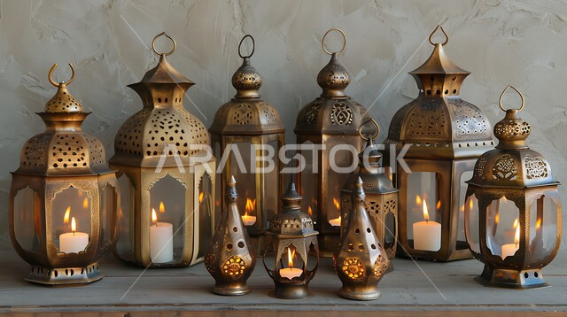 مجموعة من الفوانيس العربية المعدنية التقليدية المزخرفة، الصناعات المعدنية الشعبية و التراث الثقافي السعودي الغني, الحرف والتحف اليدوية السعودية التقليدية، إضاءة وزينة شهر رمضان