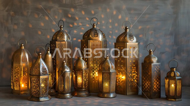 مجموعة من الفوانيس العربية المعدنية التقليدية المزخرفة، الصناعات المعدنية الشعبية و التراث الثقافي السعودي الغني, الحرف والتحف اليدوية السعودية التقليدية، إضاءة وزينة شهر رمضان