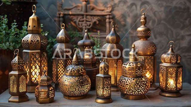 مجموعة من الفوانيس العربية المعدنية التقليدية المزخرفة، الصناعات المعدنية الشعبية و التراث الثقافي السعودي الغني, الحرف والتحف اليدوية السعودية التقليدية، إضاءة وزينة شهر رمضان