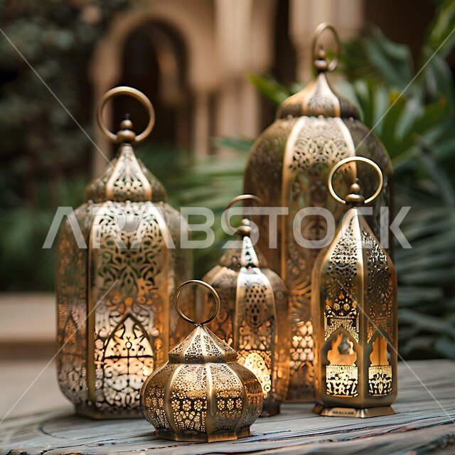 Traditional Saudi handicrafts and artifacts, popular metal industries and the rich Saudi cultural heritage, a group of traditional ornate metal Arabic lanterns, lighting and decorations for the month of Ramadan.