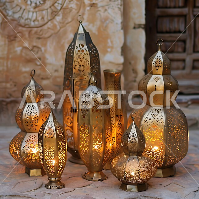 Traditional Saudi handicrafts and artifacts, popular metal industries and the rich Saudi cultural heritage, a group of traditional ornate metal Arabic lanterns, lighting and decorations for the month of Ramadan.