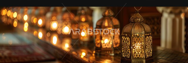 الصناعات المعدنية الشعبية و التراث الثقافي السعودي الغني, الحرف والتحف اليدوية السعودية التقليدية، صورة بانورامية لمجموعة من الفوانيس العربية المعدنية التقليدية المزخرفة، إضاءة وزينة شهر رمضان