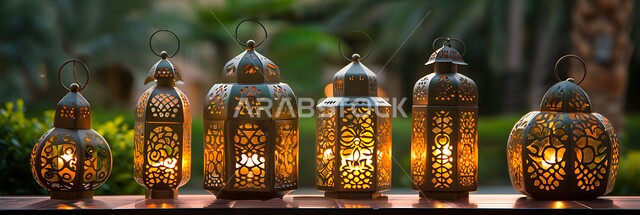 الصناعات المعدنية الشعبية و التراث الثقافي السعودي الغني, الحرف والتحف اليدوية السعودية التقليدية، صورة بانورامية لمجموعة من الفوانيس العربية المعدنية التقليدية المزخرفة، إضاءة وزينة شهر رمضان