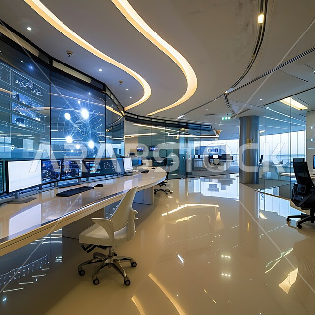 Smart devices in office rooms, modern interior design and upscale decorations, use of technology and modern techniques, modern designs for upscale companies, architectural engineering art for business offices in the Kingdom of Saudi Arabia