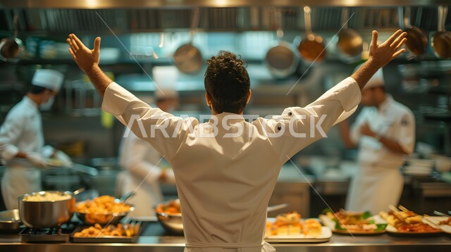 احتراف مهنة وفنون الطبخ ، صورة مقربة من الخلف لشيف عربي خليجي سعودي يرتدي زي الطهاة يعمل في المطبخ يرفع يديه للأعلى بايماءات السعادة لنجاح وصفة الطعام ، الفن في إعداد وتقديم الأصناف المتنوعة ، العمل في مطابخ ومطاعم المملكة العربية السعودية