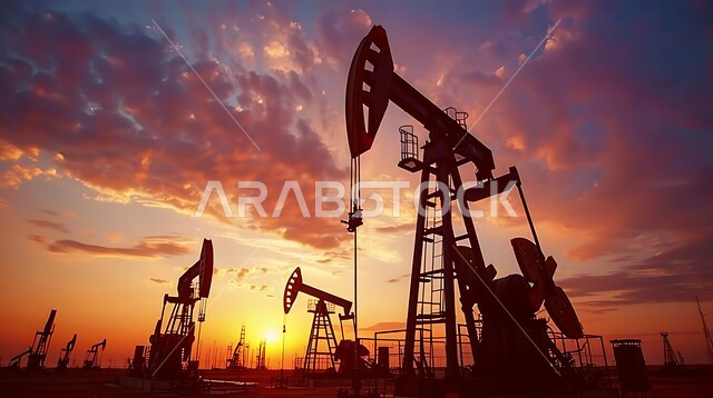 جودة الأدوات والمعدات لصناعة وتخزين البترول استخراج النفط والزيوت , صورة لحفارة تقوم بالتنقيب عن النفط في الصحراء وقت غروب الشمس , آلات حفر ضخمة , استيراد وتصدير الثروات الباطنية 