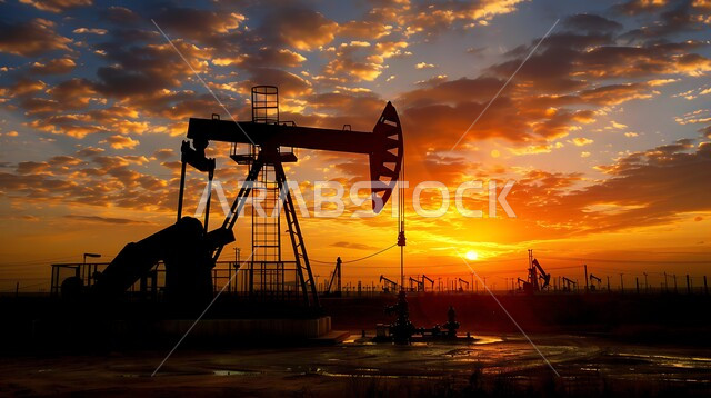 جودة الأدوات والمعدات لصناعة وتخزين البترول استخراج النفط والزيوت , صورة لحفارة تقوم بالتنقيب عن النفط في الصحراء وقت غروب الشمس , آلات حفر ضخمة , استيراد وتصدير الثروات الباطنية 