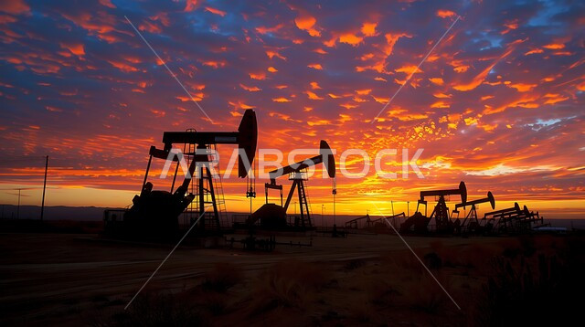 جودة الأدوات والمعدات لصناعة وتخزين البترول استخراج النفط والزيوت , صورة لحفارة تقوم بالتنقيب عن النفط في الصحراء وقت غروب الشمس , آلات حفر ضخمة , استيراد وتصدير الثروات الباطنية 