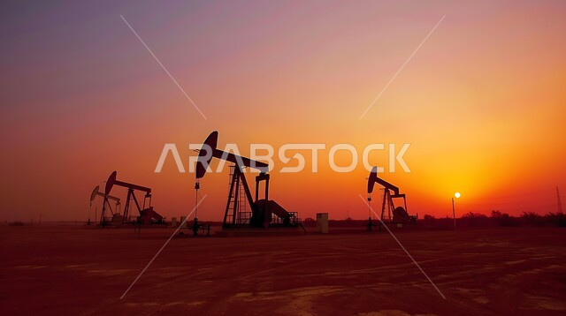 جودة الأدوات والمعدات لصناعة وتخزين البترول استخراج النفط والزيوت , صورة لحفارة تقوم بالتنقيب عن النفط في الصحراء وقت غروب الشمس , آلات حفر ضخمة , استيراد وتصدير الثروات الباطنية 