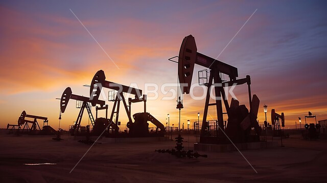  استيراد وتصدير الثروات الباطنية ، جودة الأدوات والمعدات لصناعة وتخزين البترول استخراج النفط والزيوت , صورة لحفارة تقوم بالتنقيب عن النفط في الصحراء ليلا  , آلات حفر ضخمة 