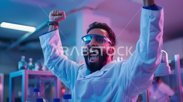 مهن مستقبلية في استخدامات حساسة ، صورة مقربة لطبيب مخبري عربي خليجي سعودي فخورا بانجازاته ، استعمال الأنابيب الزجاجية المعقمة لتحليل العينات المختلفة ،  مختبرات الفحوصات الطبية والتحاليل الكيمائية  