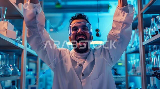 مهن مستقبلية في استخدامات حساسة ، صورة مقربة لطبيب مخبري عربي خليجي سعودي فخورا بانجازاته ، استعمال الأنابيب الزجاجية المعقمة لتحليل العينات المختلفة ،  مختبرات الفحوصات الطبية والتحاليل الكيمائية  