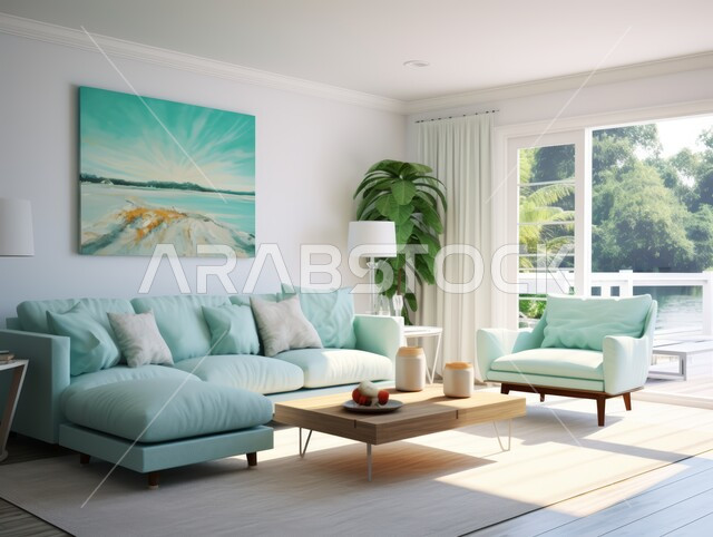 الديكورات الداخلية الراقية للفلل والشقق السكنية في المملكة العربية السعودية، التصاميم الداخلية لغرف الجلوس على الطراز الحديث، اكسسوارات وتحف عصرية، لوحات فنية معلقة ، غرفة معيشة مع أثاث منزلي فاخر 