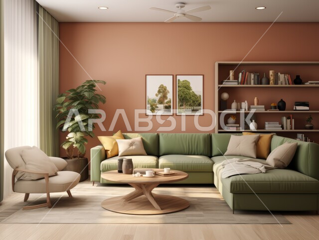 الديكورات الداخلية الراقية للفلل والشقق السكنية في المملكة العربية السعودية، التصاميم الداخلية لغرف الجلوس على الطراز الحديث، اكسسوارات وتحف عصرية، لوحات فنية معلقة ، غرفة معيشة مع أثاث منزلي فاخر 