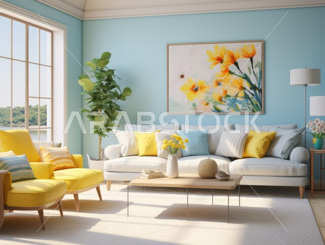 الديكورات الداخلية الراقية للفلل والشقق السكنية في المملكة العربية السعودية، التصاميم الداخلية لغرف الجلوس على الطراز الحديث، اكسسوارات وتحف عصرية، لوحات فنية معلقة ، غرفة معيشة مع أثاث منزلي فاخر 