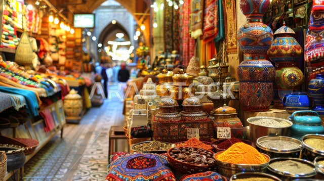 Traditional popular markets for selling spices, fabrics and ceramics, natural flavours and colourings for food and meals, plants with health and therapeutic benefits, local Saudi national agricultural products and crops, display of fabric in different colours and patterns, pottery made of clay