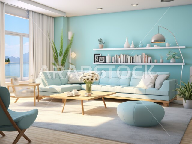  نوافذ زجاجية مطله على الطبيعه، اكسسوارات وتحف عصرية، غرفة معيشة مع أثاث منزلي فاخر، الديكورات الداخلية الراقية للفلل والشقق السكنية في المملكة العربية السعودية، التصاميم الداخلية لغرف الجلوس على الطراز الحديث