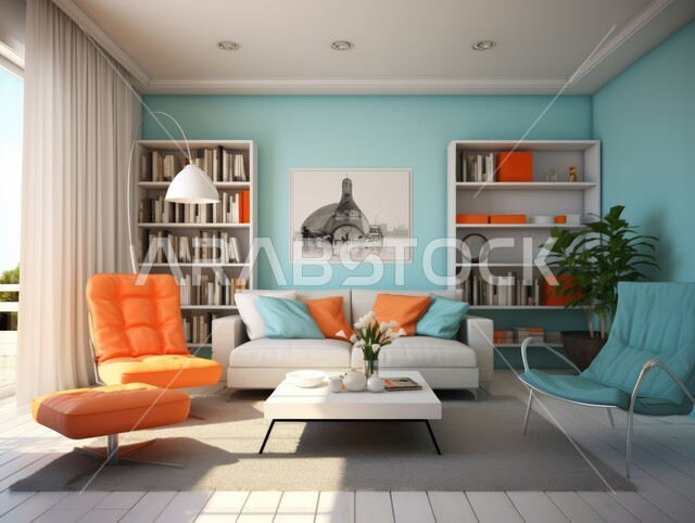 Wooden bookcase next to a comfortable sofa, modern accessories and antiques, hanging art, living room with luxury home furniture, upscale interiors for villas and apartments in Saudi Arabia, modern living room interior designs