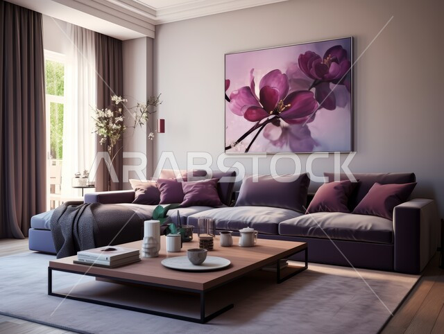 Glass windows overlooking nature, modern living room interior designs, contemporary accessories and antiques, hanging art paintings, living room with luxury home furniture, high-end interior decorations for villas and residential apartments in Saudi Arabia