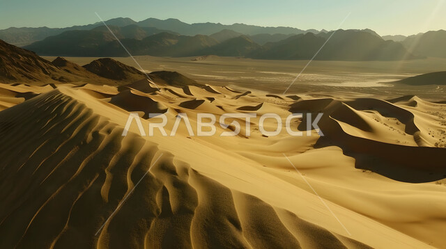 التلال والكثبان الرملية في المناطق الصحراوية في ضوء النهار ، الصحراء الواسعة في المملكة العربية السعودية ، الرمال الذهبية اللامعة تحت أشعة الشمس، البيئة البرية التضاريس الجافة ، تشكل الهضاب والتلال الصغيرة من حبات الرمل الناعمة ، أماكن مغامرات و كشتات البر 