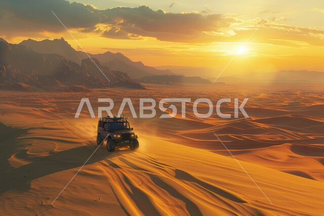 مغامرات السفاري على الكثبان الرملية في وقت النهار في صحراء المملكة العربية السعودية ،صورة لسيارة الدفع الرابع على الرمال الذهبية الناعمة ، الأنشطة الترفيهية لقيادة السيارات في المناطق الصحراوية ، هواية التطعيس بالسيارات