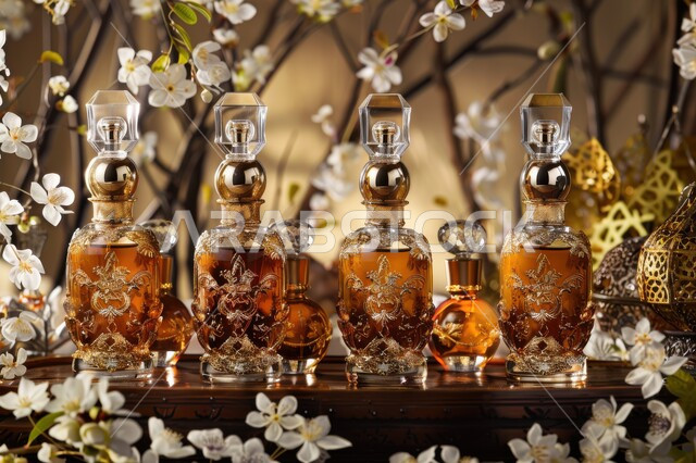التعطر والتطيب بالزيوت الطبيعيه والمسك ، عبوة من العطور العربية الفخمة الفاخرة المزخرفة وازهار الاقحوان البيضاء ، تولة زجاجية من زيت المسك السعودي الأصلي، عرض المنتجات المحلية الوطنية السعودية، خلفية طبيعية مع ورود متفتحة 