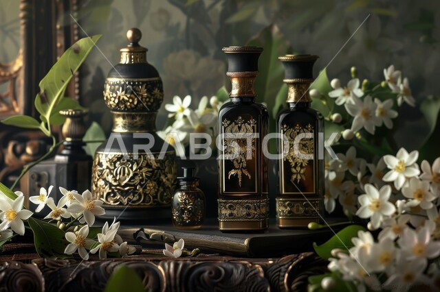 التعطر والتطيب بالزيوت الطبيعيه والمسك ، عبوة من العطور العربية الفخمة الفاخرة المزخرفة وازهار الاقحوان البيضاء ، تولة زجاجية من زيت المسك السعودي الأصلي، عرض المنتجات المحلية الوطنية السعودية، خلفية طبيعية مع ورود متفتحة 