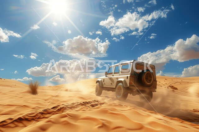 مغامرات السفاري على الكثبان الرملية في وقت النهار في صحراء المملكة العربية السعودية ،صورة مقربة لسيارة مسرعة على الرمال الذهبية الناعمة ، لأنشطة الترفيهية لقيادة السيارات في المناطق الصحراوية ، رحلة سياحية ترفيهية