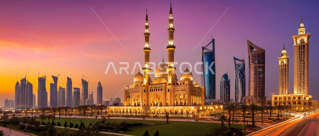 العبادة والتقرب إلى الله ، مجسم ثلاثي الابعاد لمسجد على الطراز الاسلامي ، خلفية السماء اثناء الغروب والسحب البيضاء ، الفنون الهندسة المعمارية لبناء المساجد في المملكة العربية السعودية 