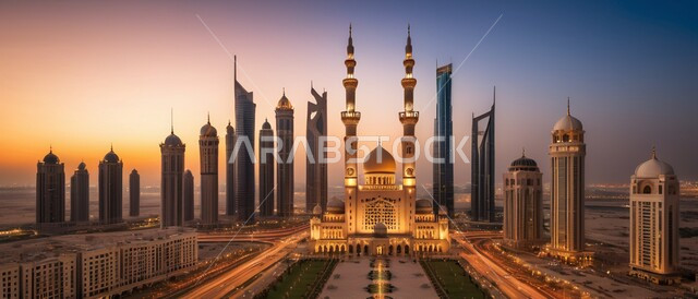 العبادة والتقرب إلى الله ، مجسم ثلاثي الابعاد لمسجد على الطراز الاسلامي ، خلفية السماء اثناء الغروب والسحب البيضاء ، الفنون الهندسة المعمارية لبناء المساجد في المملكة العربية السعودية 