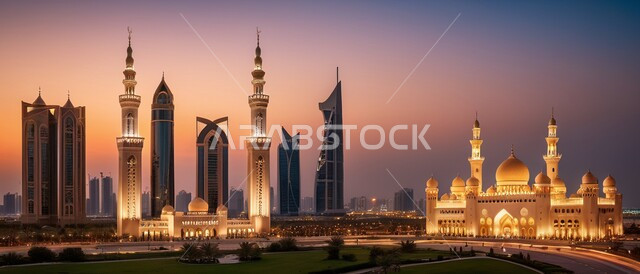 العبادة والتقرب إلى الله ، مجسم ثلاثي الابعاد لمسجد على الطراز الاسلامي ، خلفية السماء اثناء الغروب والسحب البيضاء ، الفنون الهندسة المعمارية لبناء المساجد في المملكة العربية السعودية 