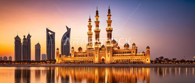 العبادة والتقرب إلى الله ، مجسم ثلاثي الابعاد لمسجد على الطراز الاسلامي ، خلفية السماء اثناء الغروب والسحب البيضاء ، الفنون الهندسة المعمارية لبناء المساجد في المملكة العربية السعودية 